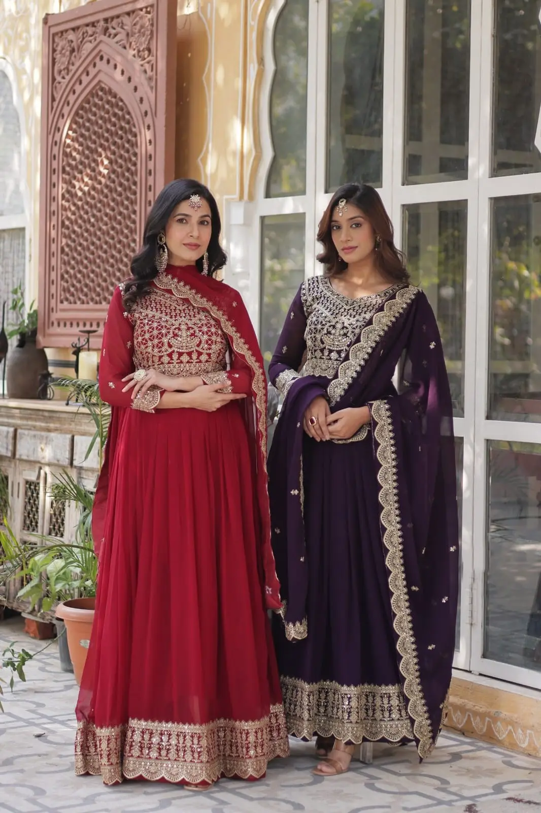Maroon & Wine Zari Sequins Work Faux Blooming Anarkali Gown Set